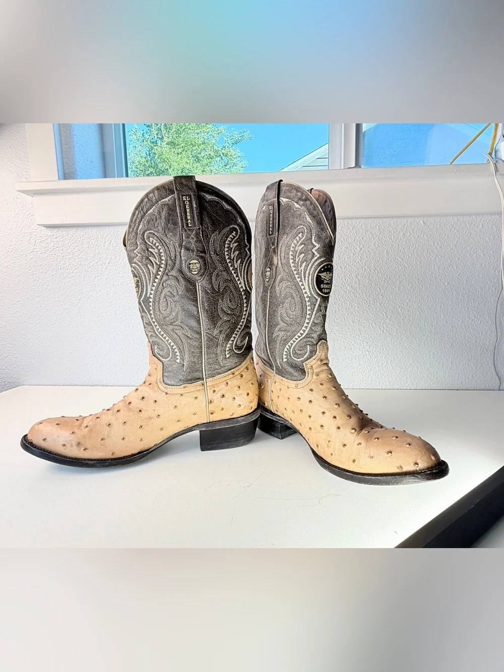 El General Ostrich Print Western Cowboy Boots Size 8 Tan Leather Embroidered